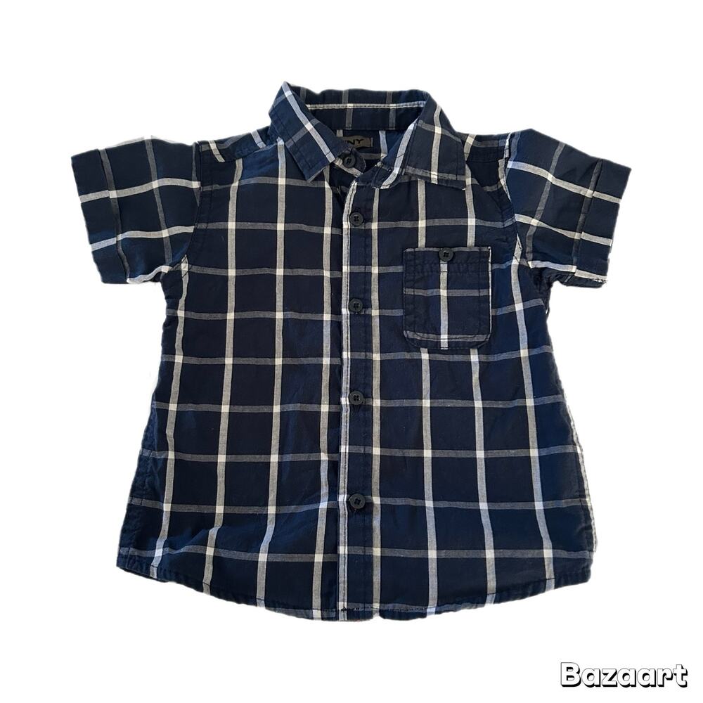 DKNY Short Sleeve Button Up Plaid Shirt Baby Boy 18M Navy